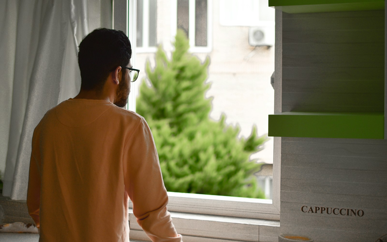 A person standing at an open window, looking out at sunlit trees.